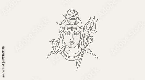 Hindu god Shiva illustrated with serene face and trident in Hindu temple