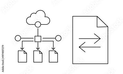 Cloud data distribution network and document exchange transfer icon set.Editable stroke, Vector illustration, Line art Icon, Symbols.