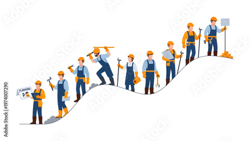 Construction Team's Progress: A series of illustrations depicts a construction team progressing, each figure meticulously engaged in their role.
