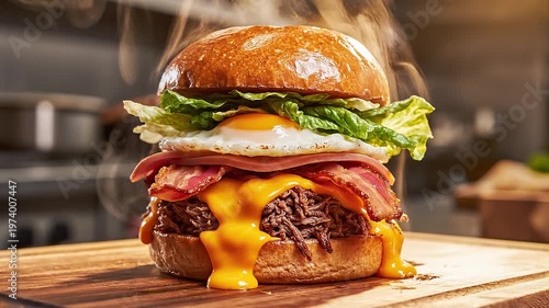 Gourmet beef burger with melted cheddar cheese, crispy bacon, fried egg, and ham on a toasted brioche bun with steam background