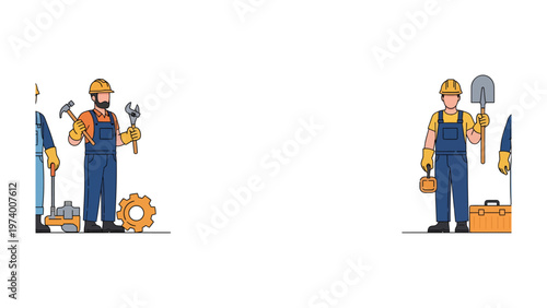 Construction Workers in action: A group of construction workers stands ready, holding tools, ready for work on a new project. Depicting determination and teamwork.