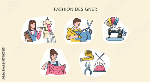 Icon Set of Fashion Designer At Work Studio.