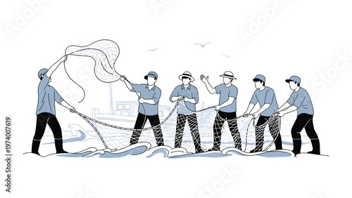 Fishermen Casting Their Net: A collective of industrious fishermen, working in unison, cast their net into the sea, showcasing the rhythm of maritime life.