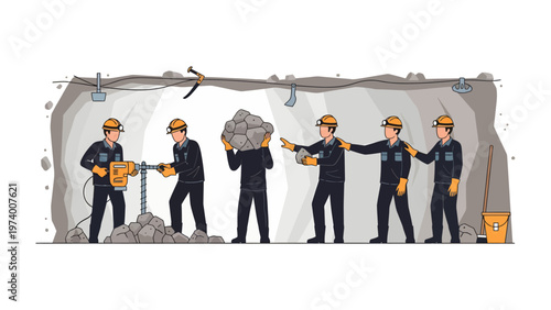 Mining Progress: A sequence depicts mine workers at various stages of their work in a subterranean environment, from drilling to transporting rocks. Capturing the process of extraction and labor. 