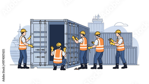 Unloading a Shipping Container: Illustrative depiction of dedicated workers meticulously handling a container with the backdrop of city's high rise and other stacked container