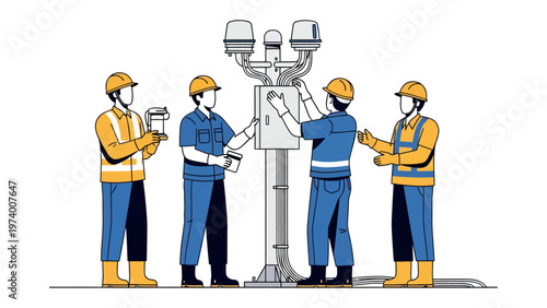 Team of Technicians Working: Technicians collaborating on a complex technological setup, combining expertise and teamwork to advance in the technological world.