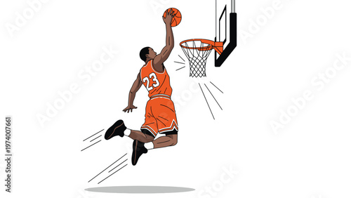 Dynamic Basketball Player Slam Dunking Illustration. Male Athlete in Orange Jersey Scoring a Basket with Energy and Motion.