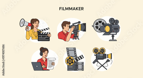 Icon Set Modern Vector of Film maker working on movie project.