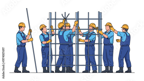 Valokuva Construction Team Assembling a Structure: A diligent construction team, unified in their efforts, is shown meticulously assembling a metal framework