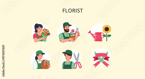 Modern Icon of Florist Holding Flowers and Tools.