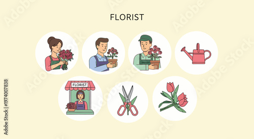 Modern Flat illustration of Florist with bouquet and flowers.