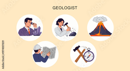 Flat illustration of Geologist at Work with Equipment.