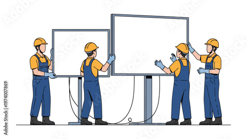 Workers install blank screens: A team of construction workers is meticulously installing several blank screens, a scene that hints at the creation of a visual communication space.