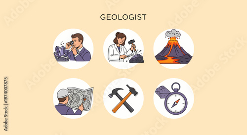 Modern Flat illustration of Geologist at work with tools.