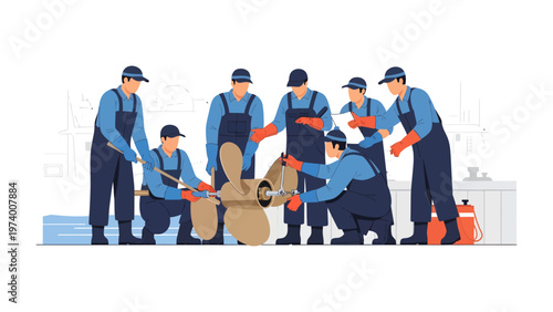 Team of technicians : A dedicated team of technicians collaborates on machinery, their focused expressions and skilled hands reveal their commitment to precision and efficiency.