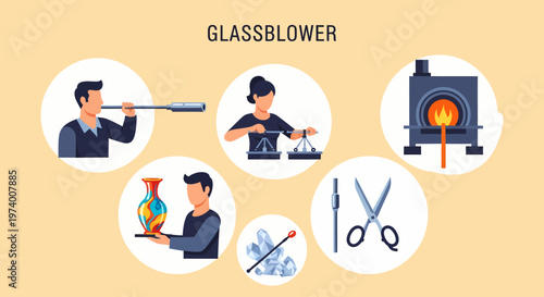 Vector Illustration Glassblower at work shaping molten glass.