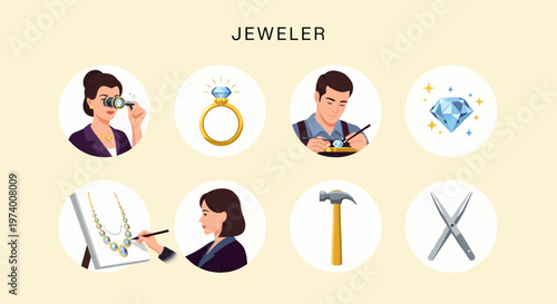 Modern Flat illustration of Jeweler working with precious stones.