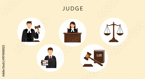 1 set icon of Judge gavel and law symbols.