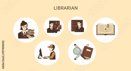Modern Flat illustration of Librarian at work with books.