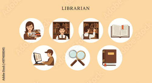 1 set icon of Librarian Working With Books And Computer.