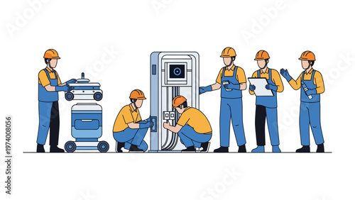 Industrial Team At Work: Skilled technicians in protective gear collaborate on a complex machine in a modern industrial setting.