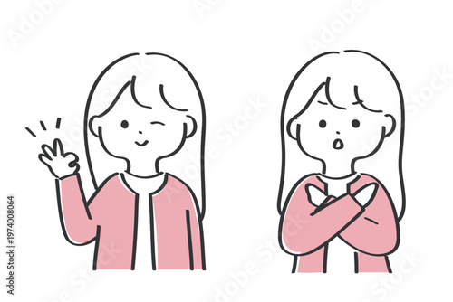 OKとNGのポーズをするビジネスウーマン｜シンプルで使いやすい線画イラスト