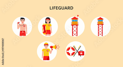 1 set icon of Lifeguard rescue team in action.