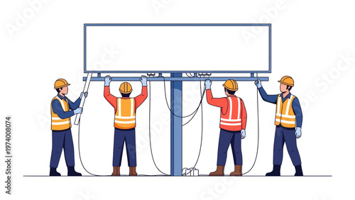 Billboard Construction: A team of skilled workers meticulously construct a billboard, each focused on their task, embodying precision and teamwork in the realm of outdoor advertising.