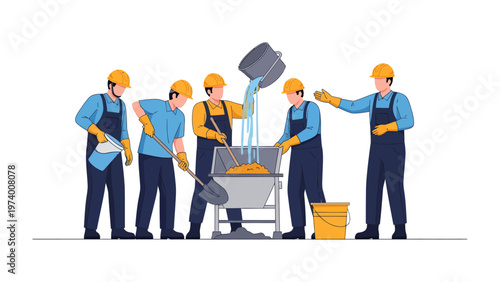 Construction Team Working: A team of skilled construction workers meticulously mixing concrete, representing collaborative effort and expertise in the building industry.
