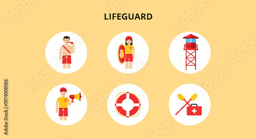 1 set of cartoon pictures depicting Lifeguard rescue team safety professionals.