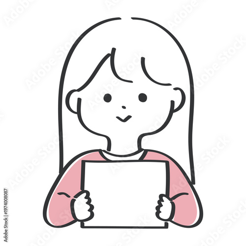 白紙のフリップを持っている笑顔の女性｜シンプルで使いやすい線画イラスト