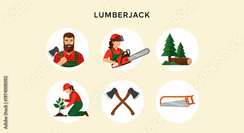 1 set of vector icons depicting Lumberjack with an axe in hand.