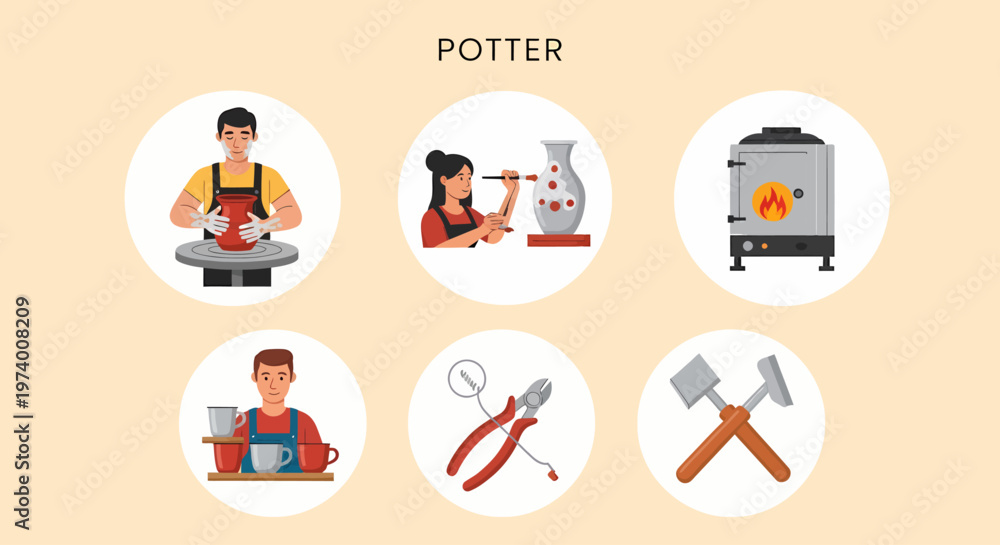 Fototapeta premium Modern Flat illustration of Man working at pottery wheel studio.