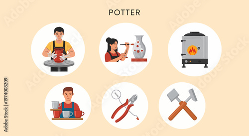 Modern Flat illustration of Man working at pottery wheel studio.