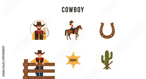 1 set of vector icons depicting Man wearing a cowboy hat.