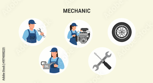 Modern Flat illustration of Mechanic at work with tools.
