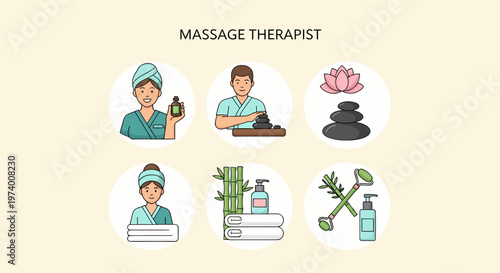 1 set of cartoon pictures depicting Massage Therapist at Work Relaxing Client.