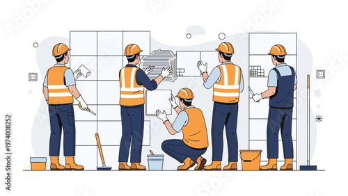 Construction Crew at Work: A team of skilled construction workers, meticulously installing tiles, their actions highlighting expertise and teamwork within a well-coordinated project.