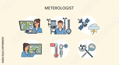 Modern Flat illustration of Meteorologist at work with equipment.