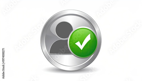 Silver metallic user icon with green checkmark perfect for interface design showcasing successful profile verification on white background