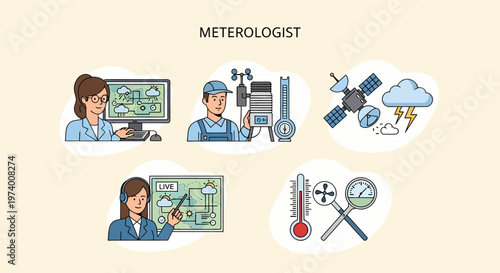 1 set of vector icons depicting Meteorologist working with weather data.