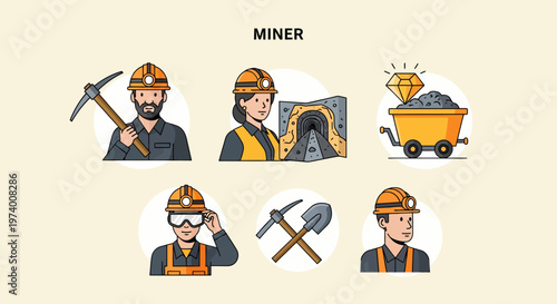 1 set of cartoon pictures depicting Miner worker in hard hat uniform.