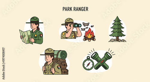 Modern Flat illustration of Park Ranger in Green Uniform.