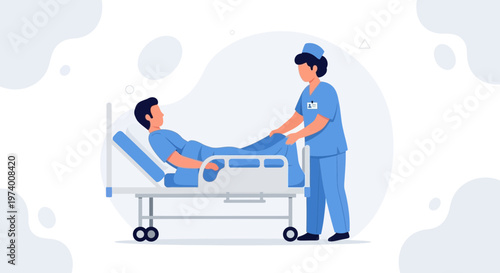 Nurse caring for patient in hospital bed, medical assistance, healthcare concept
