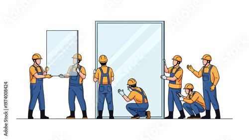Construction Crew at Work: A team of skilled construction workers meticulously installs a large pane of glass, showcasing teamwork and precision in building and architectural endeavors.