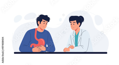 Doctor consulting patient about stomach health, illustration of digestive system