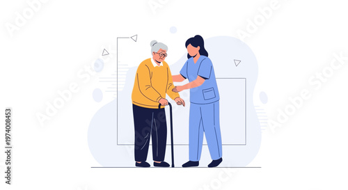 Nurse Helping Elderly Woman with Cane, Healthcare Assistance, Senior Care, Medical Support