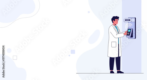 Doctor Using Biometric Scanner for Access Control in Modern Healthcare Setting