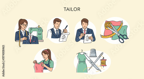 1 set of cartoon pictures depicting People working in a tailor shop.