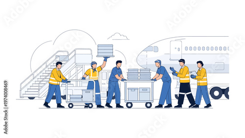 Unloading Crew at the Airport: A team of airport personnel meticulously unload cargo from an aircraft, showcasing precision, coordination, and the crucial role of ground support staff in air travel.